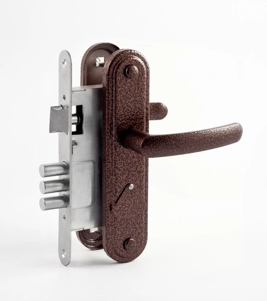 Фото Замок врезной сувальдный с защёлкой в комплекте с ручкой ЗВ9.1-02 (медь), 3 кл.